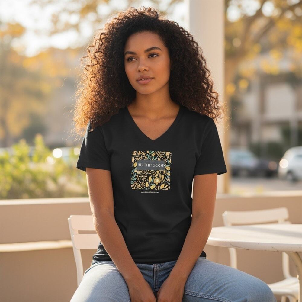 Graphic Tee Romantic Be the Good Black and Gold V-Neck Short Sleeve Large